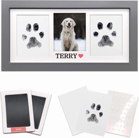 MYPAWLETS Paw Print Frame & Ink Pads Kit,Dog or Cat Paw Print Kit,2 No Mess Ink Pads for Pets,Paw Print Stamp Pad for Dogs,Wooden Pet Memorial Frame,Personalized Pet Paw Print Gifts-Grey