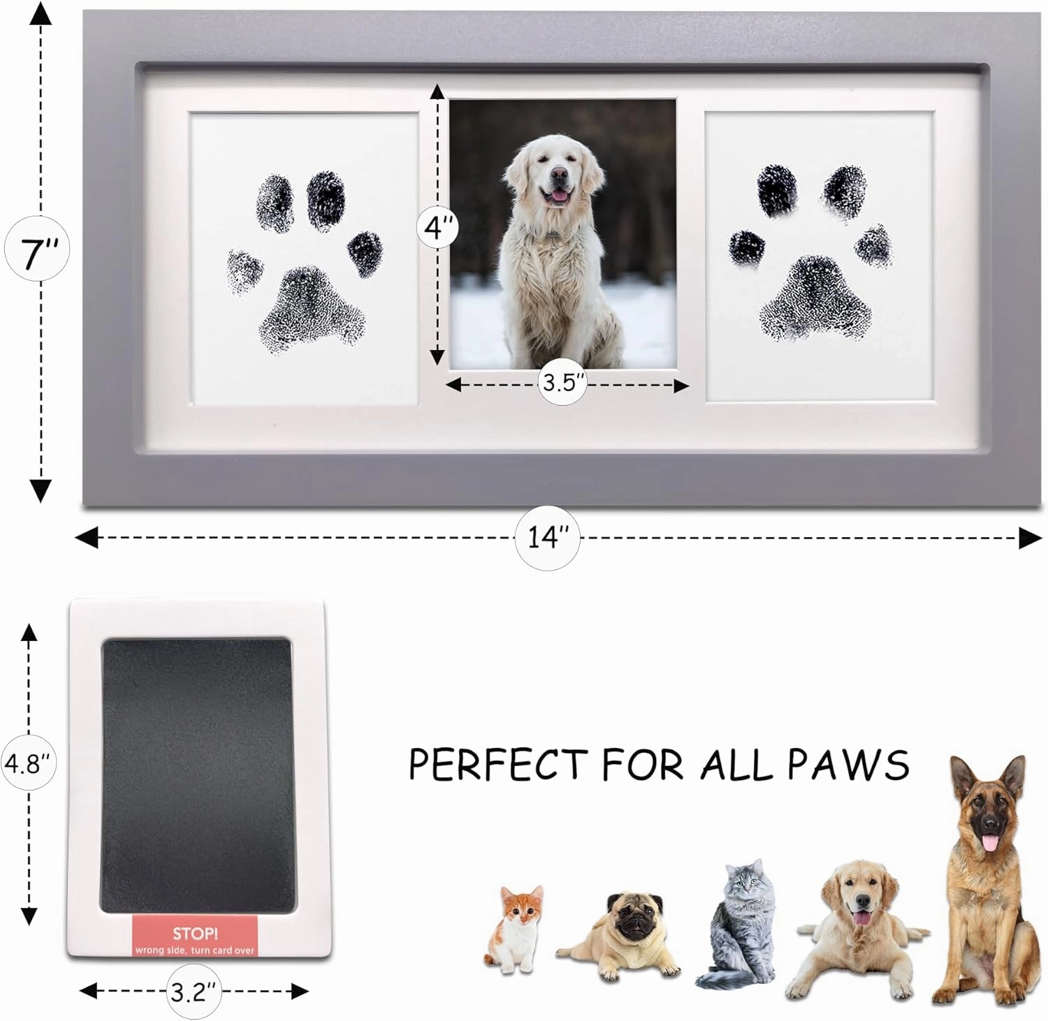 MYPAWLETS Paw Print Frame & Ink Pads Kit,Dog or Cat Paw Print Kit,2 No Mess Ink Pads for Pets,Paw Print Stamp Pad for Dogs,Wooden Pet Memorial Frame,Personalized Pet Paw Print Gifts-Grey
