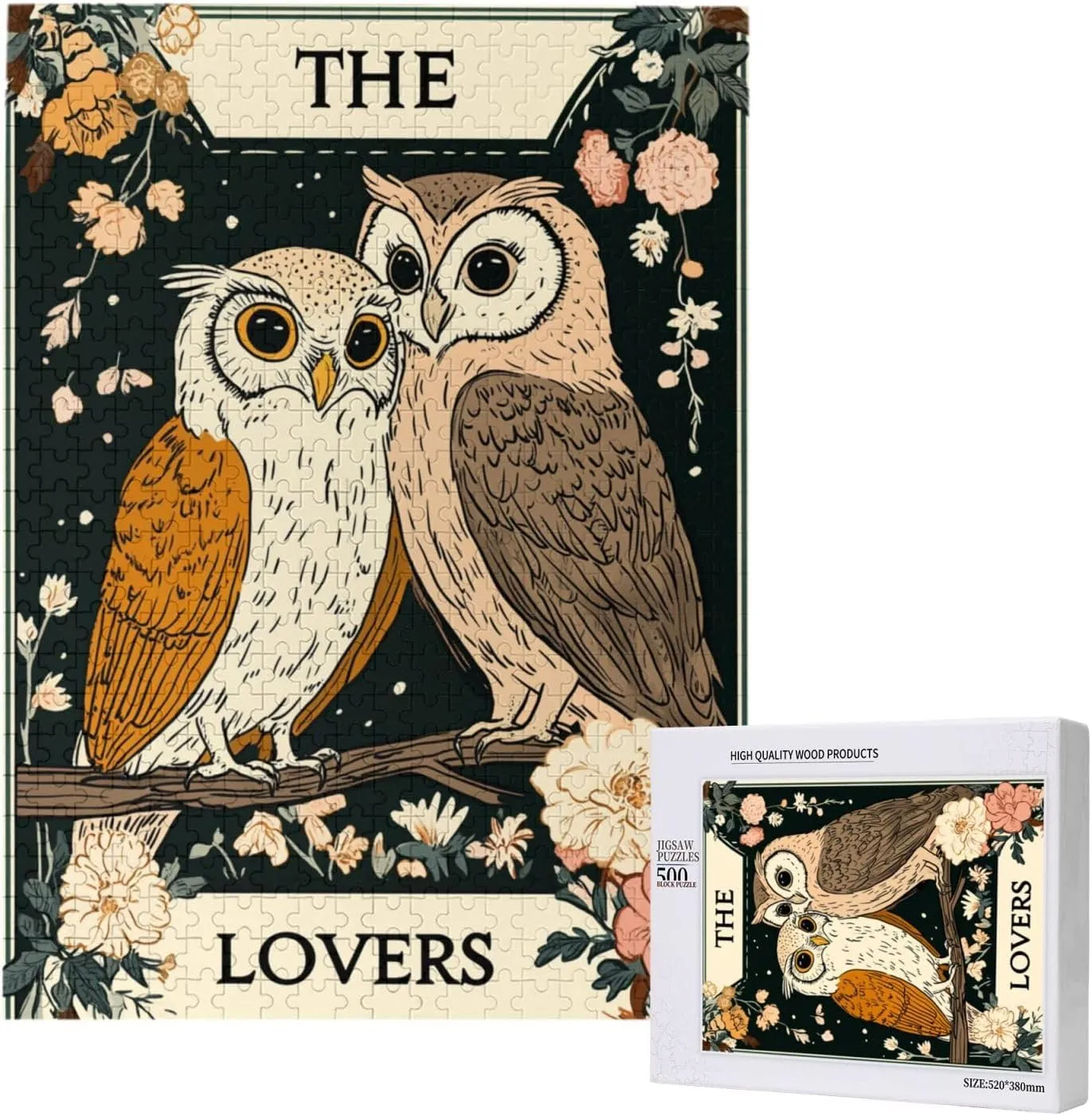 Mystical Twin Falcon in Tarot Cards Design,500 Piece Wooden Jigsaw Puzzle for Adults,Brain Training Challenge,Stress Relief Activity,Esoteric Avian Artwork,Eco-Friendly Woodens Pieces