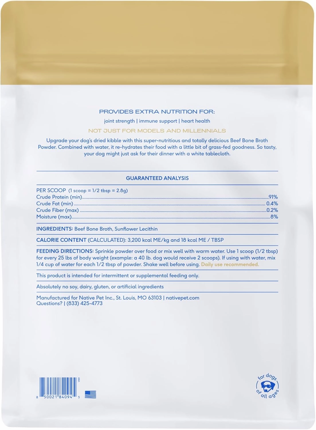 Native Pet Bone Broth for Dogs and Cats - Made with Real Beef Bone Broth, Dog Food Toppers for Picky Eaters- Provides Extra Hydration & Nutrition for Joint Strength, Immunity & Heart Health-192 Scoops