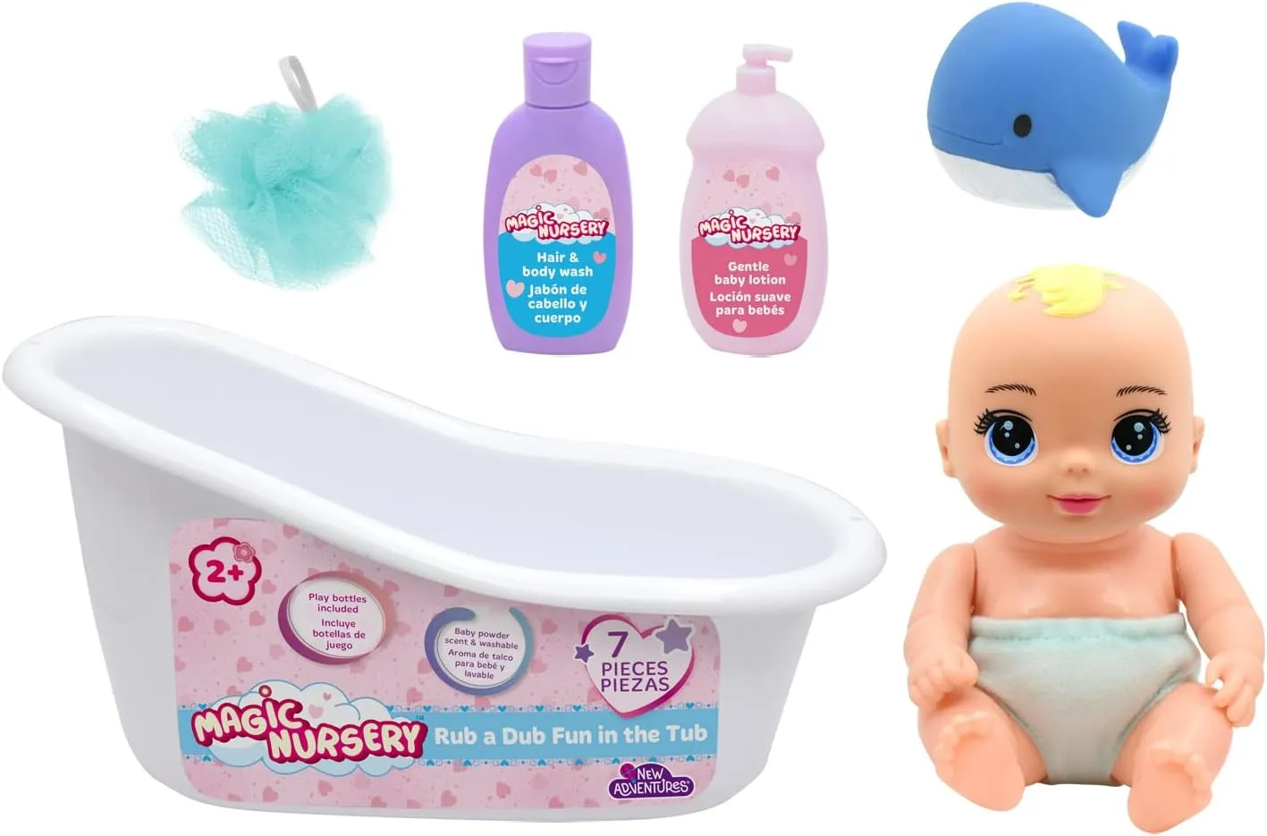 New Adventures Magic Nursery 8" Rub a Dub Fun in The Tub - 8" Hardbody Baby Doll with Bath Accessories, Posable, Fresh Powder Scent