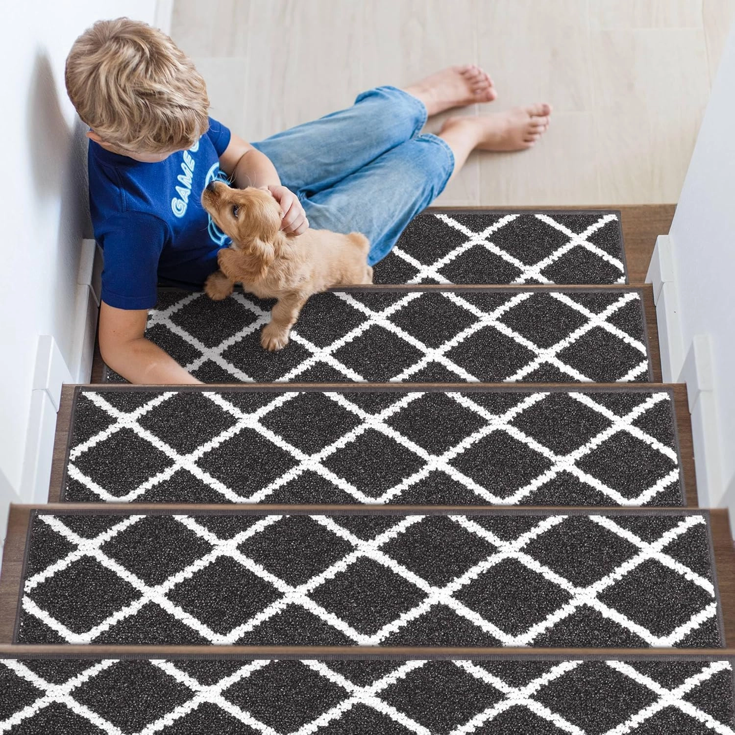 Non-Slip Stair Treads for Wooden Steps Indoor, 15 Pack 9" X 28" Edging Stair Carpet Mat with TPE Backing, 0.4" Thick Stair Runners for Kids Elders & Pets, 100% Polyester Soft Stair Rugs, Black