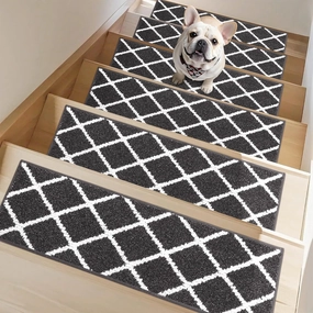 Non-Slip Stair Treads for Wooden Steps Indoor, 15 Pack 9" X 28" Edging Stair Carpet Mat with TPE Backing, 0.4" Thick Stair Runners for Kids Elders & Pets, 100% Polyester Soft Stair Rugs, Black