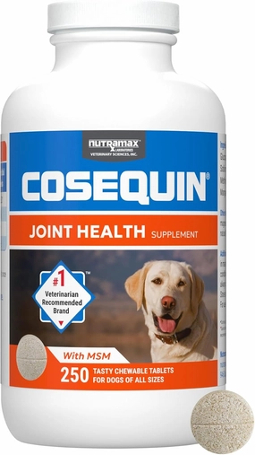 Nutramax Laboratories Cosequin Maximum Strength Joint Health Supplement for Dogs - With Glucosamine, Chondroitin, and MSM, 250 Chewable Tablets