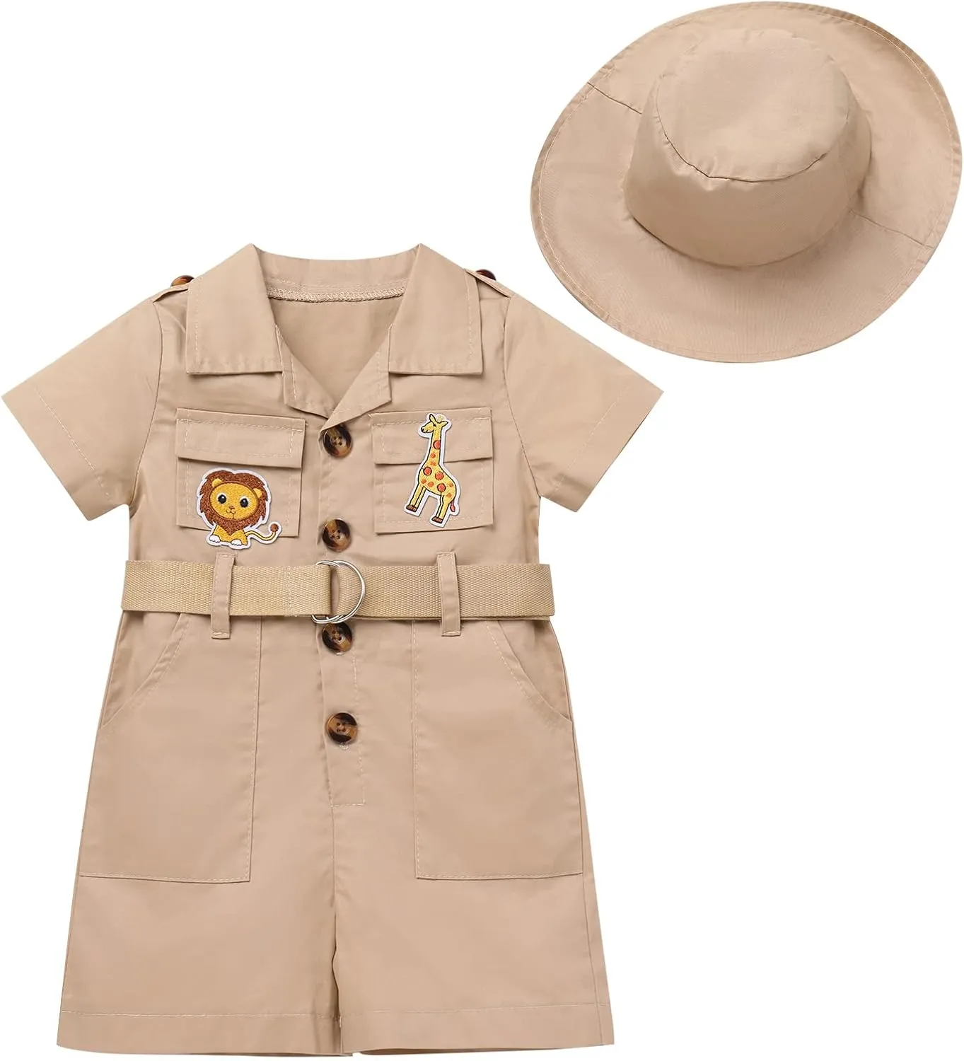 OBEEII Toddler Baby Safari Outfit Short Sleeve Jumpsuit   Hat Explorer Set Wild One Birthday Cake Smash Photoshoot