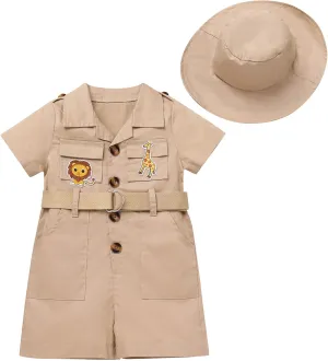 OBEEII Toddler Baby Safari Outfit Short Sleeve Jumpsuit   Hat Explorer Set Wild One Birthday Cake Smash Photoshoot