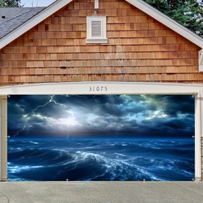 Ocean Thunderstorm Waves Garage Door Cover Banner Hurricane Ocean Storm Decorations Photography Backdrop 7x16ft Large Blue Sea Lightning Surfing Nautical Adventure Theme Garage Door Cover Background