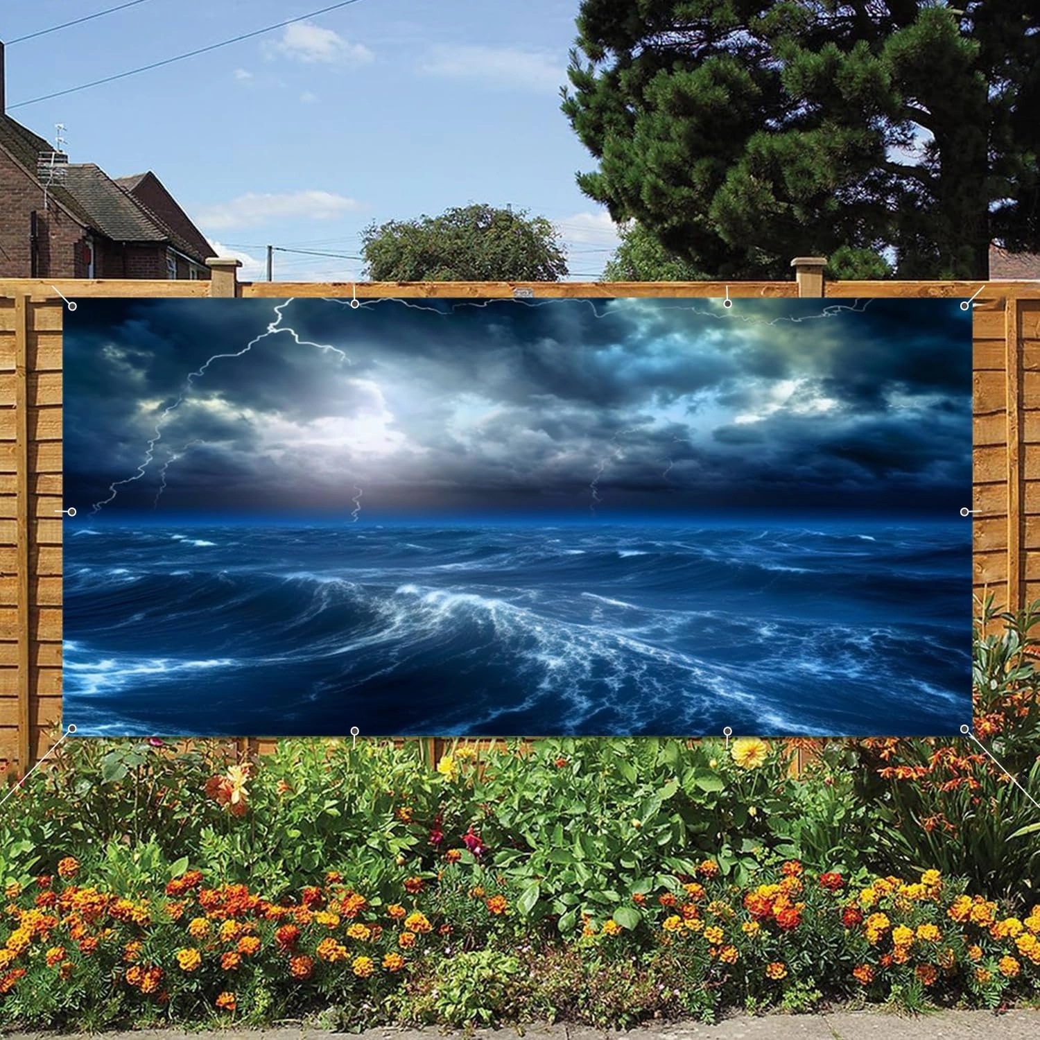 Ocean Thunderstorm Waves Garage Door Cover Banner Hurricane Ocean Storm Decorations Photography Backdrop 7x16ft Large Blue Sea Lightning Surfing Nautical Adventure Theme Garage Door Cover Background