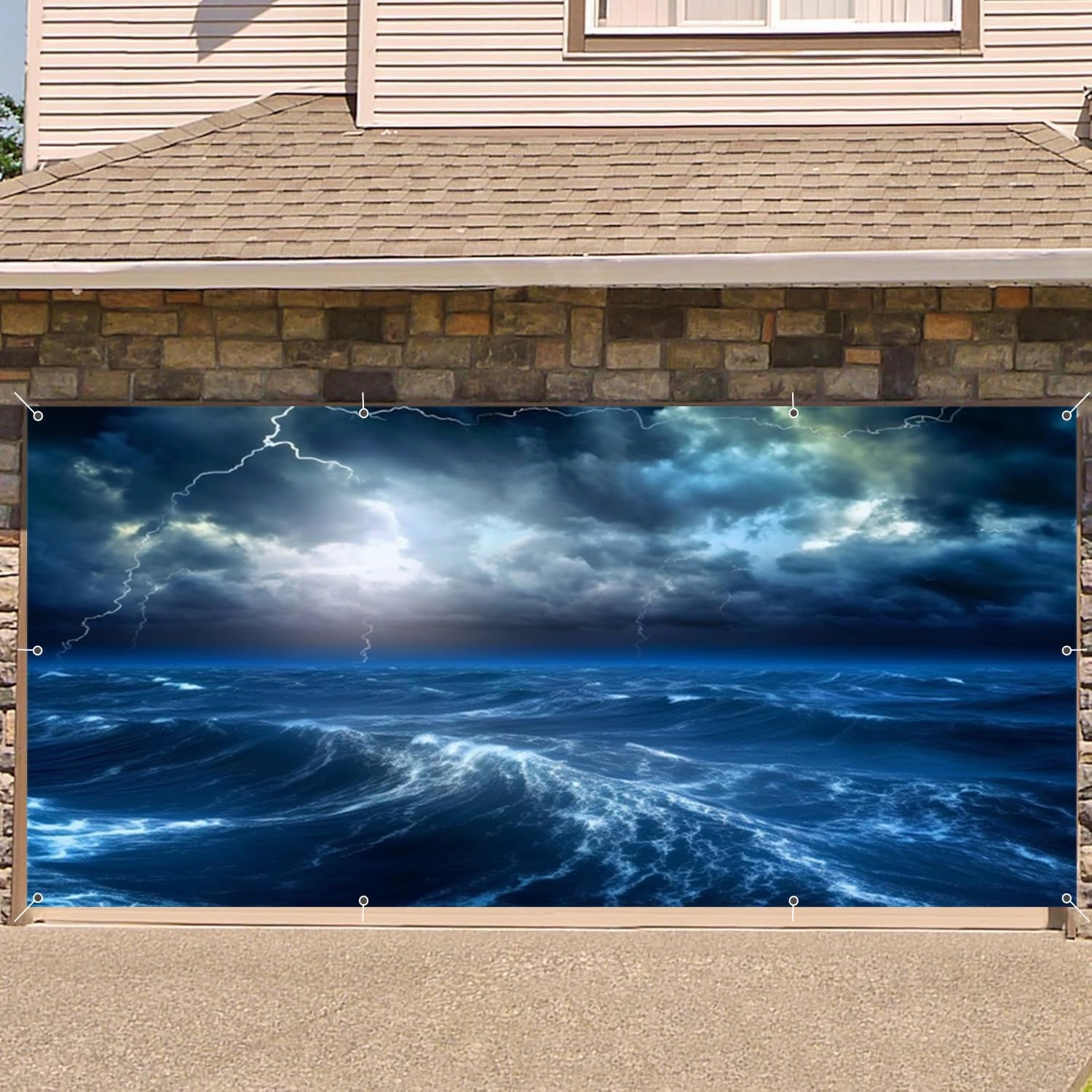 Ocean Thunderstorm Waves Garage Door Cover Banner Hurricane Ocean Storm Decorations Photography Backdrop 7x16ft Large Blue Sea Lightning Surfing Nautical Adventure Theme Garage Door Cover Background