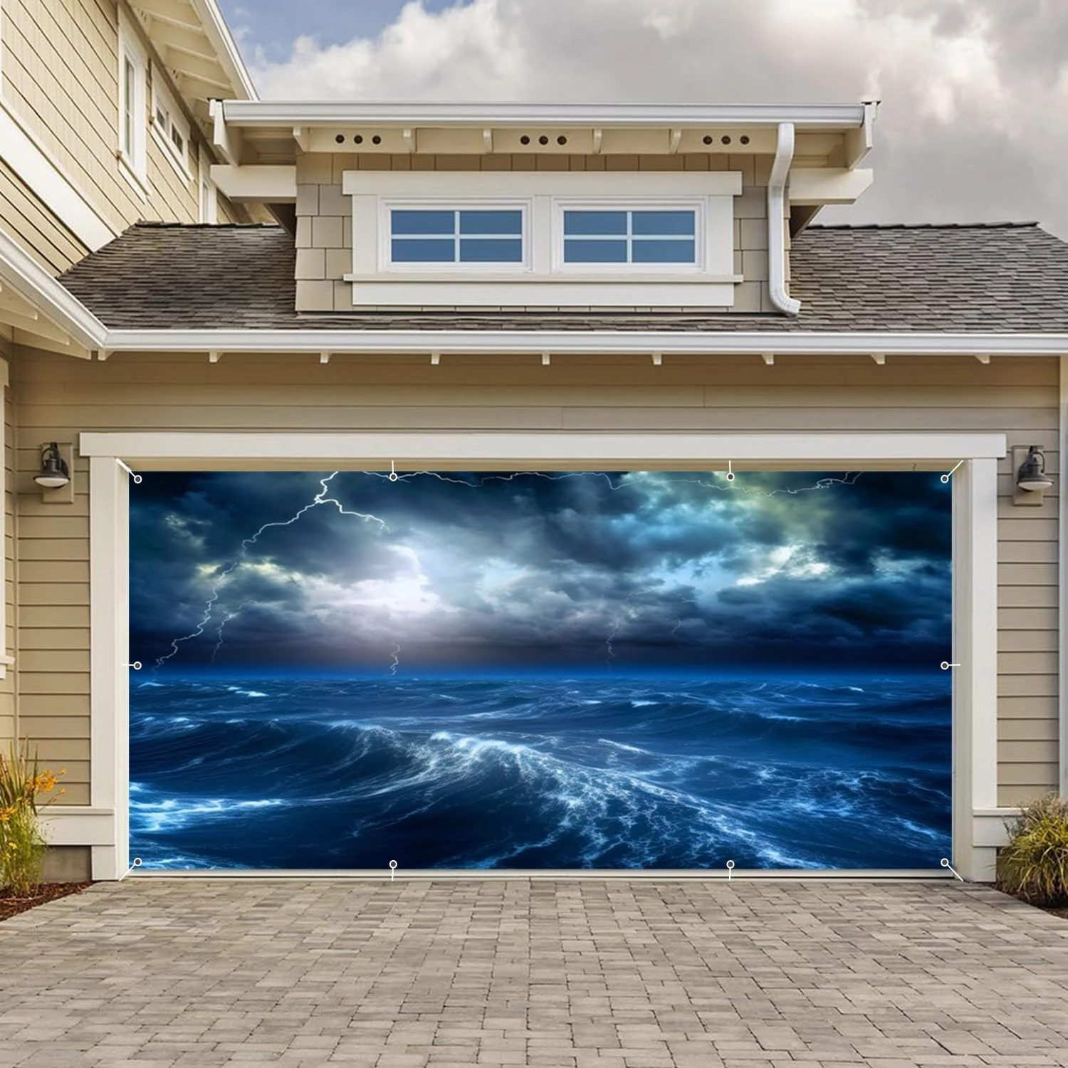 Ocean Thunderstorm Waves Garage Door Cover Banner Hurricane Ocean Storm Decorations Photography Backdrop 7x16ft Large Blue Sea Lightning Surfing Nautical Adventure Theme Garage Door Cover Background