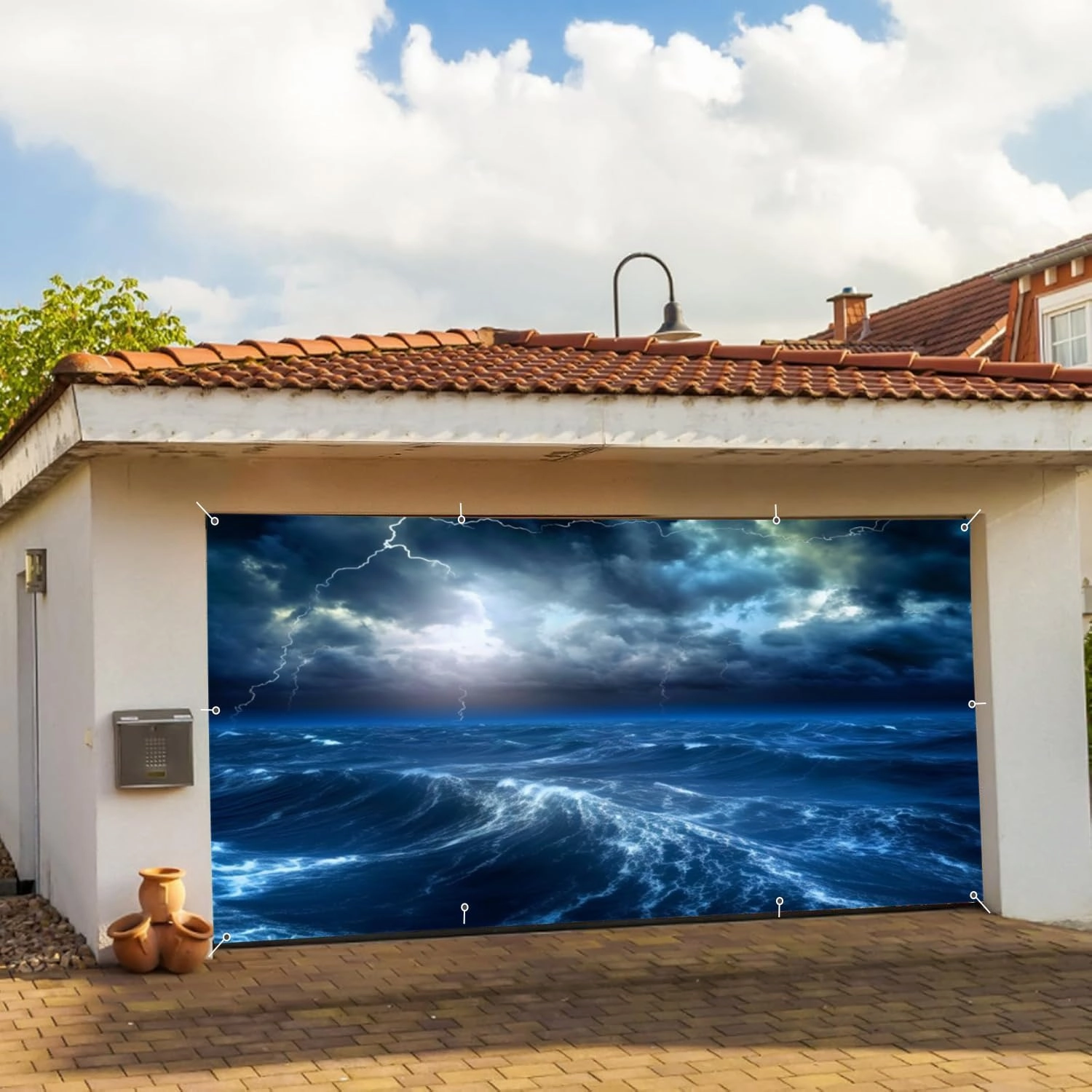 Ocean Thunderstorm Waves Garage Door Cover Banner Hurricane Ocean Storm Decorations Photography Backdrop 7x16ft Large Blue Sea Lightning Surfing Nautical Adventure Theme Garage Door Cover Background