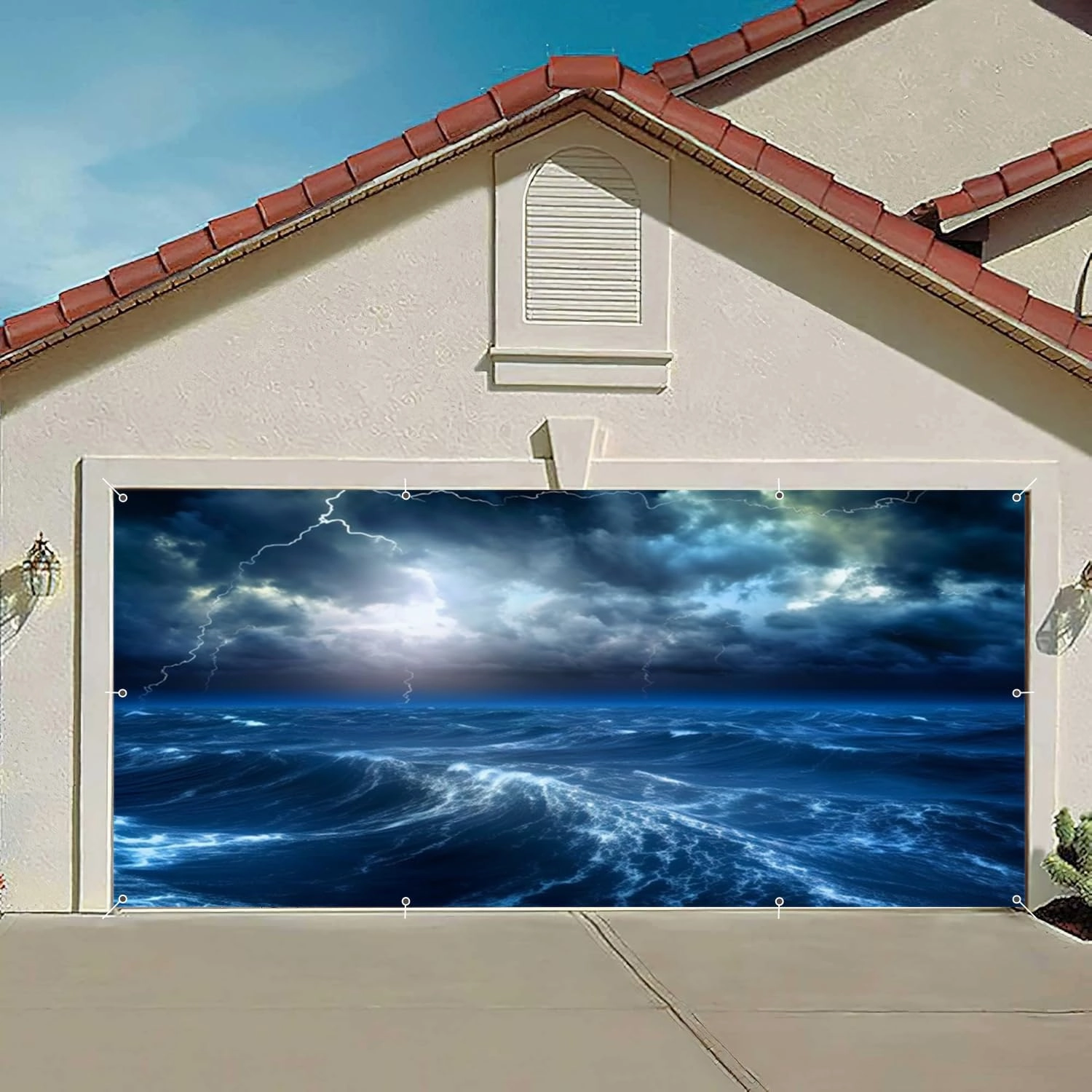 Ocean Thunderstorm Waves Garage Door Cover Banner Hurricane Ocean Storm Decorations Photography Backdrop 7x16ft Large Blue Sea Lightning Surfing Nautical Adventure Theme Garage Door Cover Background