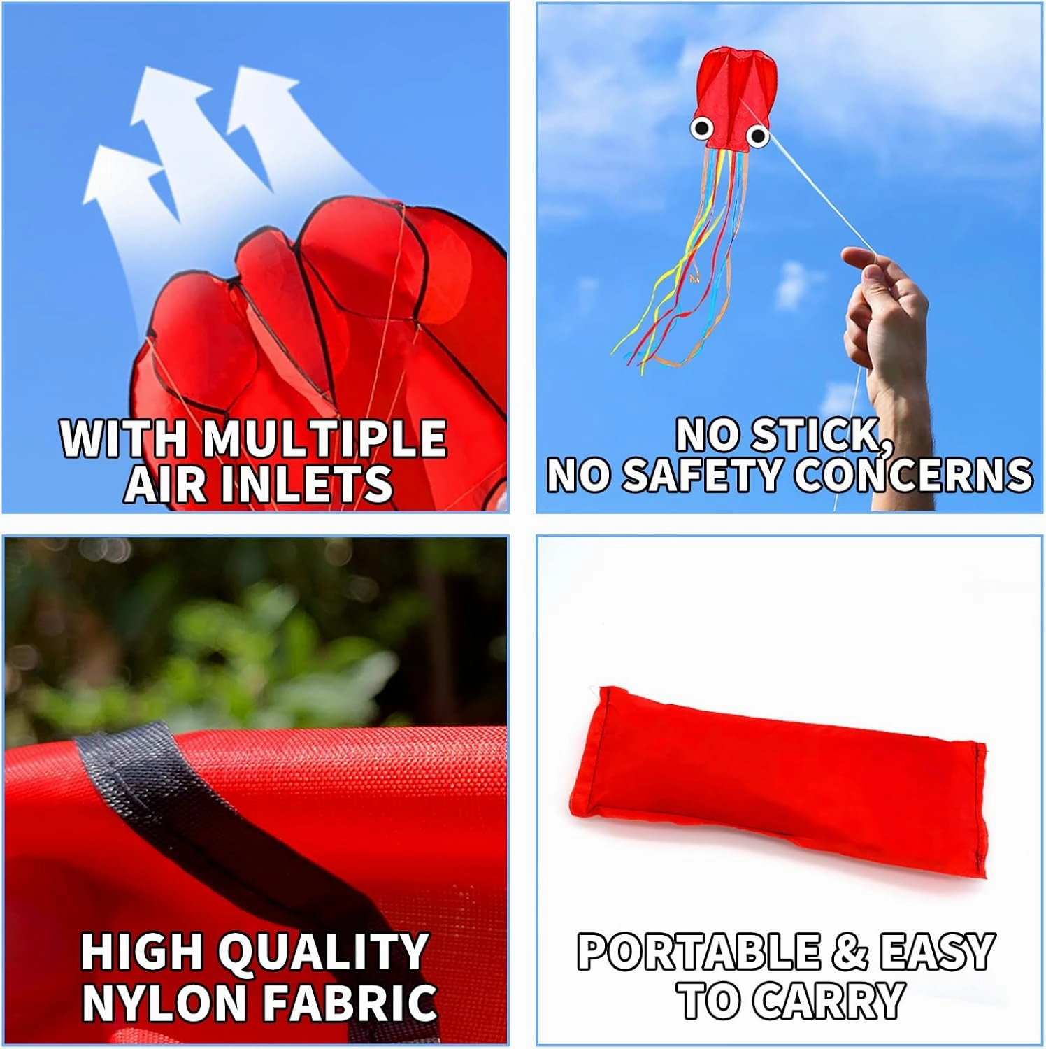Octopus Kites for Kids & Adults Easy to Fly, 24”x 158” Large Soft Kite Kit for Boys and Girls, Single Line 3D Beach Kite Set for Teens,Perfect for Outdoor Activities