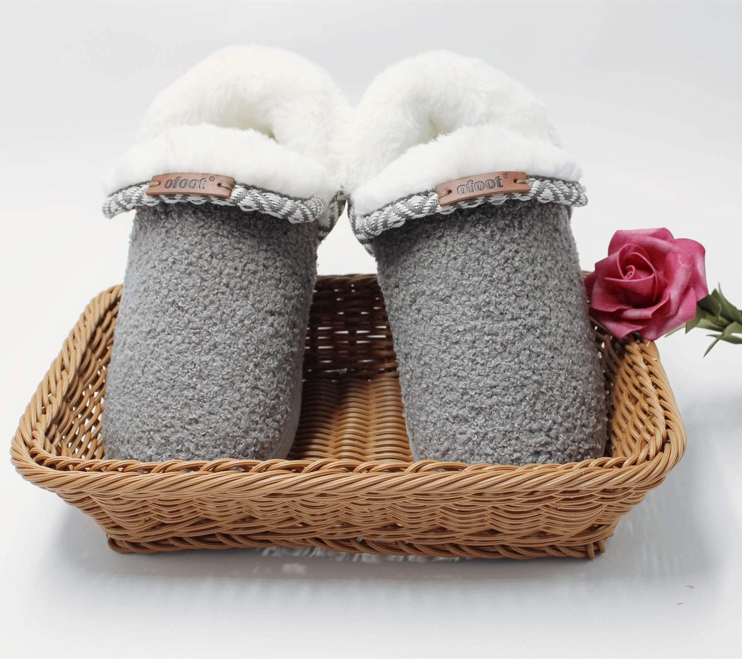 ofoot Women's Warm Fuzzy House Slippers with Back,Faux Fur Bedroom Shoes Soft Thick Memory Foam Plush Lining Indoor Outdoor Non Slip Rubber Soles