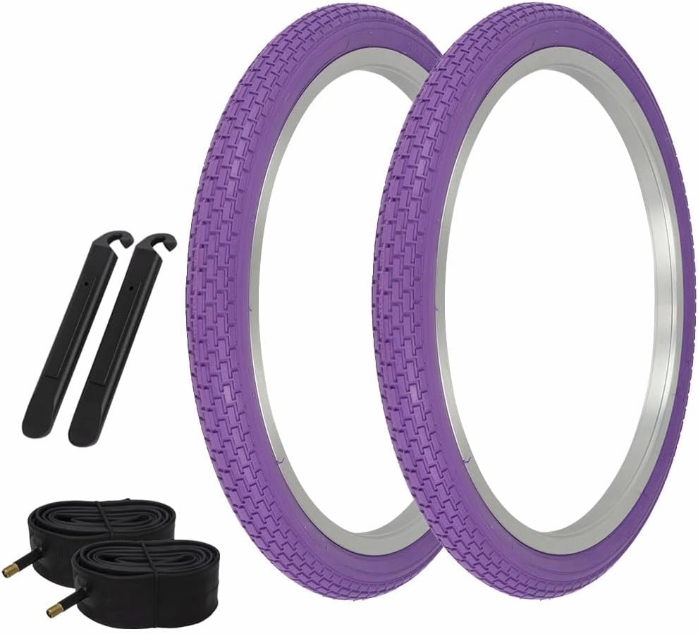 OG Lowrider Pair of 20" x 1.75" Bicycle Small Brick Tread Tires Lowrider BMX Bike Purple/Purple SIDEWALL Tires W/Tubes & TIRE LEVERS