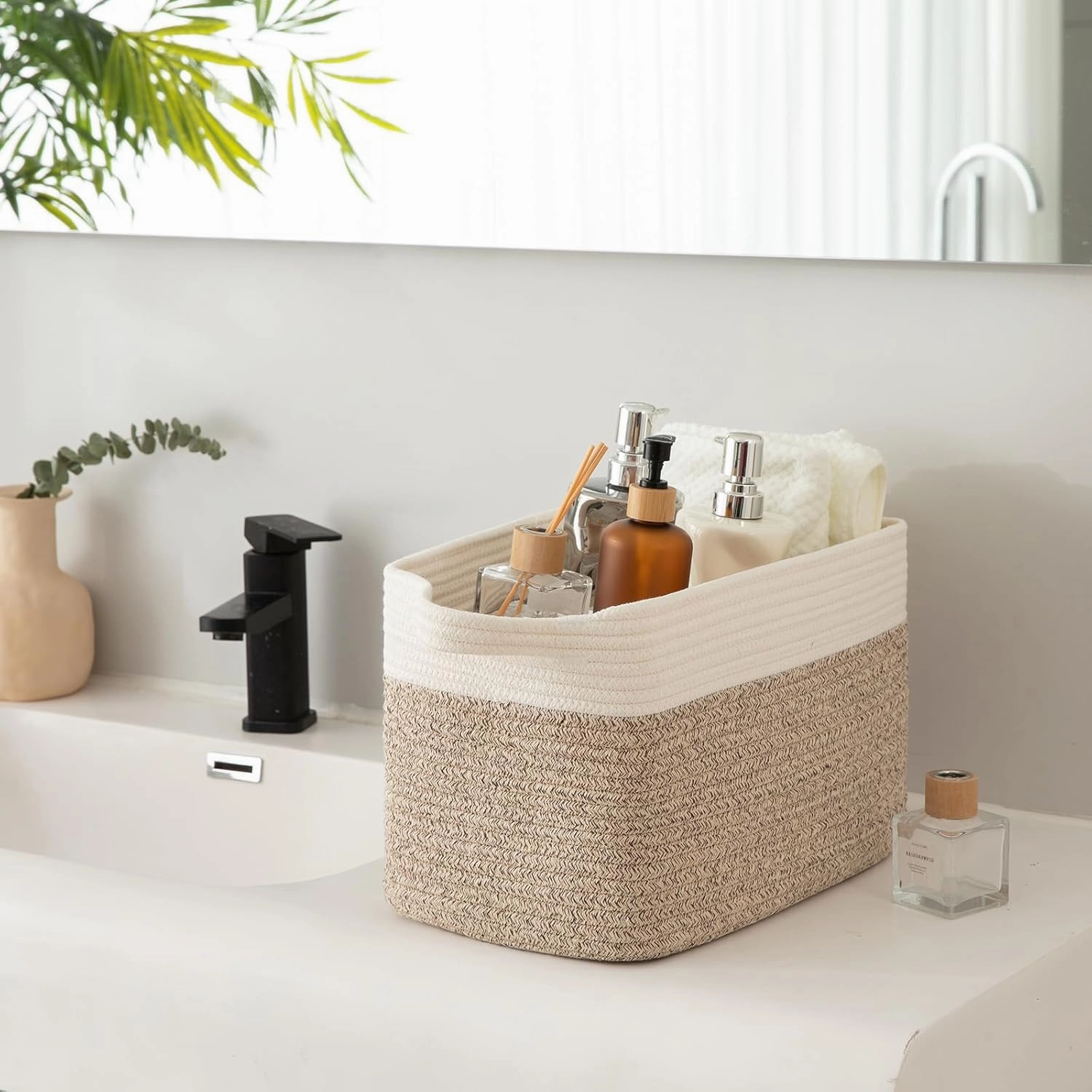 OIAHOMY 3 Pack Storage Basket for Organizing, 13''X9.85''X8.7'' Storage Bins,Woven Basket Basket with Handles, Toy Storage Basket Bin,Stylish Room Decor Basket, white & Brown variegated