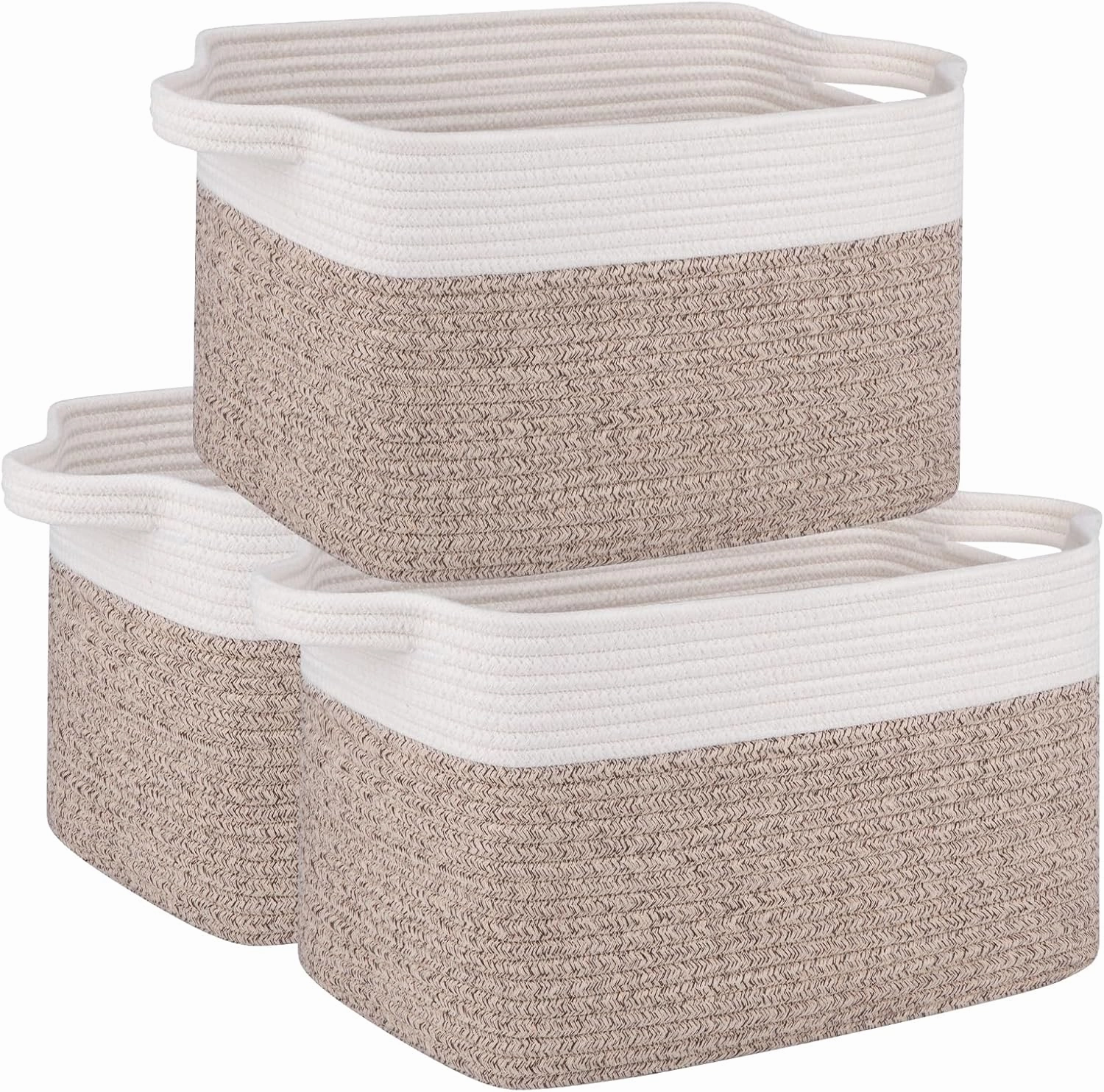 OIAHOMY 3 Pack Storage Basket for Organizing, 13''X9.85''X8.7'' Storage Bins,Woven Basket Basket with Handles, Toy Storage Basket Bin,Stylish Room Decor Basket, white & Brown variegated