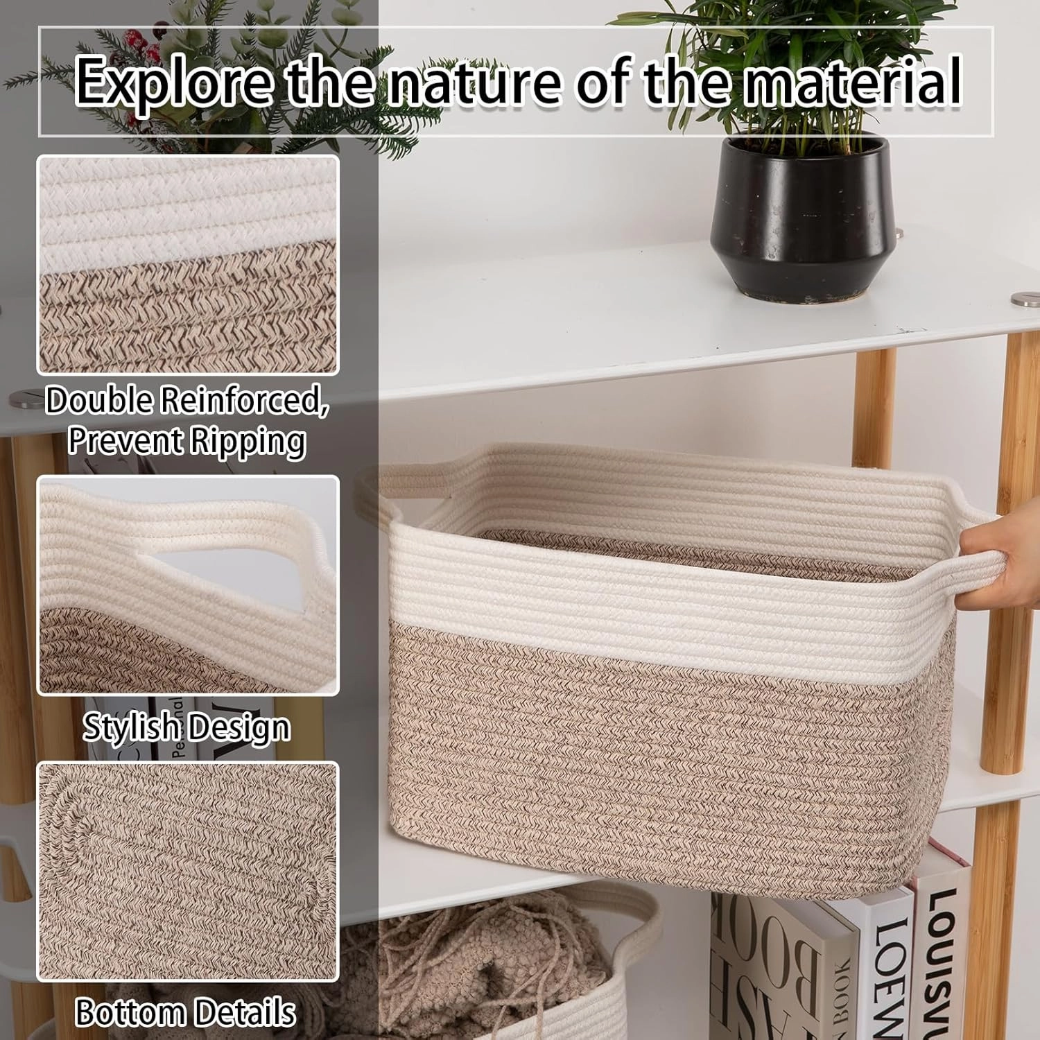 OIAHOMY 3 Pack Storage Basket for Organizing, 13''X9.85''X8.7'' Storage Bins,Woven Basket Basket with Handles, Toy Storage Basket Bin,Stylish Room Decor Basket, white & Brown variegated