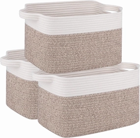 OIAHOMY 3 Pack Storage Basket for Organizing, 13''X9.85''X8.7'' Storage Bins,Woven Basket Basket with Handles, Toy Storage Basket Bin,Stylish Room Decor Basket, white & Brown variegated