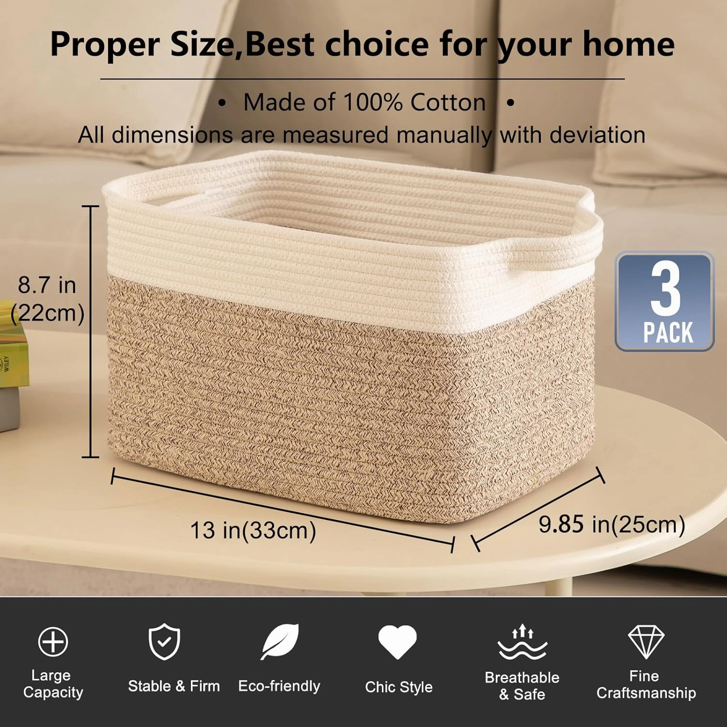 OIAHOMY 3 Pack Storage Basket for Organizing, 13''X9.85''X8.7'' Storage Bins,Woven Basket Basket with Handles, Toy Storage Basket Bin,Stylish Room Decor Basket, white & Brown variegated