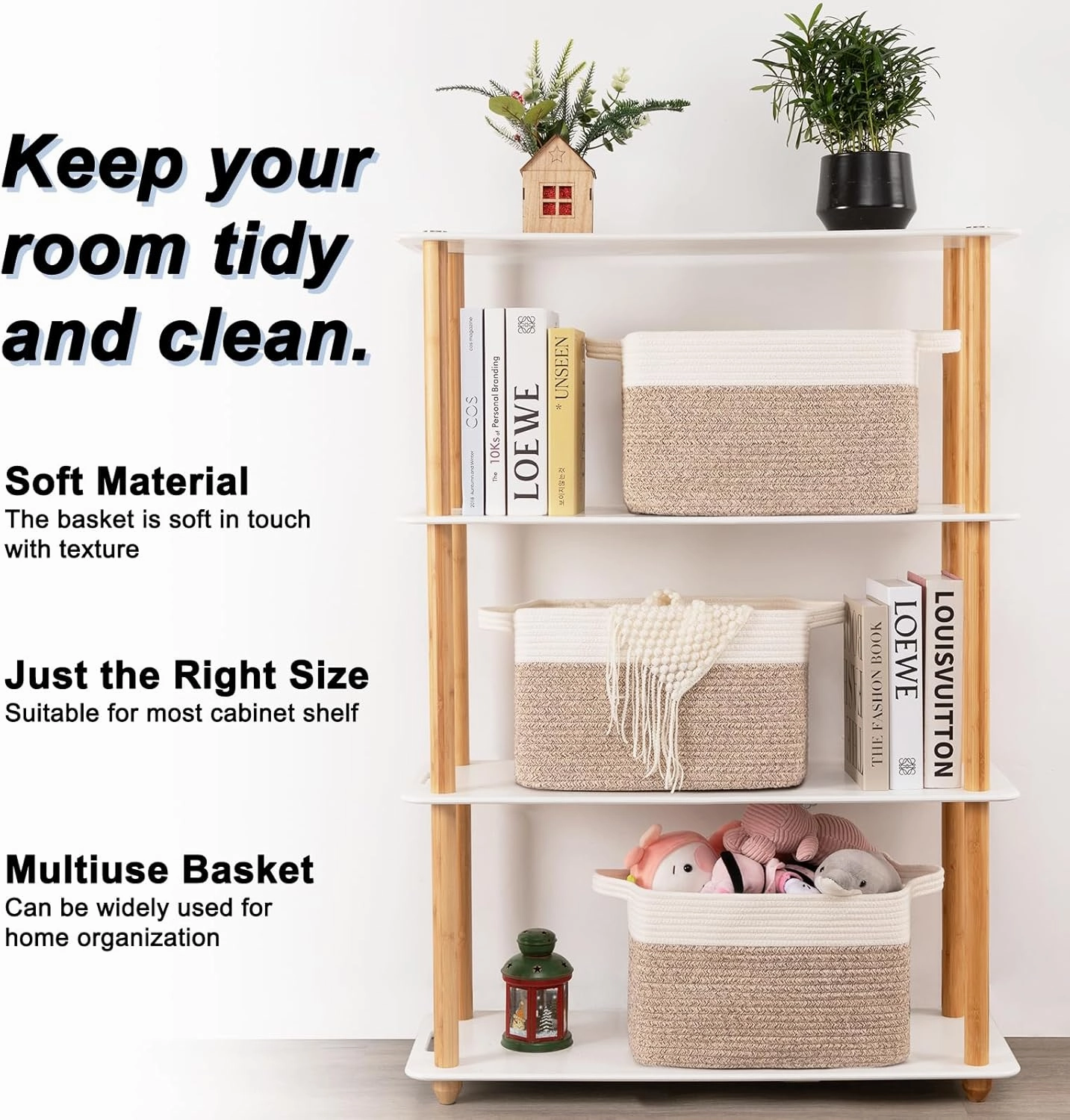 OIAHOMY 3 Pack Storage Basket for Organizing, 13''X9.85''X8.7'' Storage Bins,Woven Basket Basket with Handles, Toy Storage Basket Bin,Stylish Room Decor Basket, white & Brown variegated