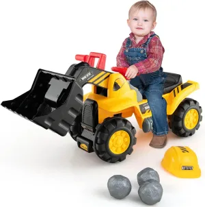 OLAKIDS Kids Ride On Excavator, Toddler Sliding Walking Construction Push Racer with Adjustable Bucket, Underneath Storage, Digger Scooper Pulling Cart Bulldozer Toy with Sound, Helmet, 3 Toy Stones