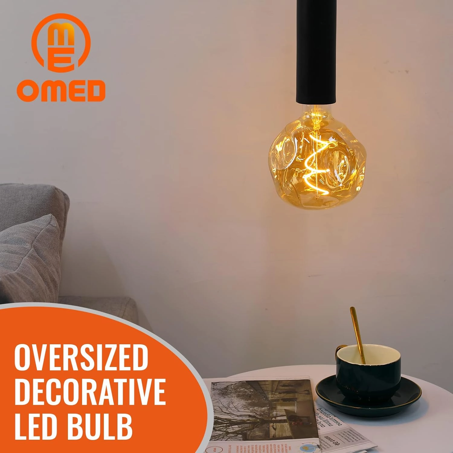 OMED S125 Oversized LED Edison Bulb, 5 Watt 400 Lumens 2200k Warm Yellow Amber Glass Decorative Globe Dimmable E26 Bulb for Pendant Lighting, 1 Pack