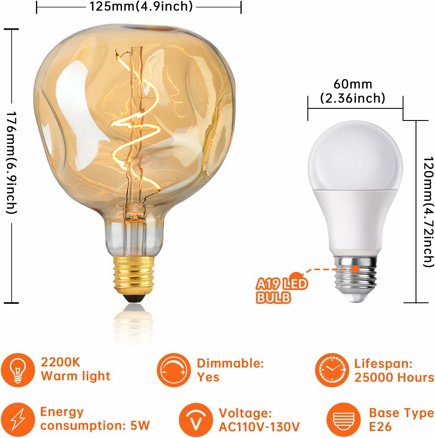 OMED S125 Oversized LED Edison Bulb, 5 Watt 400 Lumens 2200k Warm Yellow Amber Glass Decorative Globe Dimmable E26 Bulb for Pendant Lighting, 1 Pack