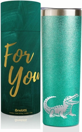 Onebttl Alligator Gifts for Girls & Women, Crocodile Gifts for Alligator Lovers- 20oz/590ml Stainless Steel Insulated Tumbler with Straw & Lid, Message Card - Green