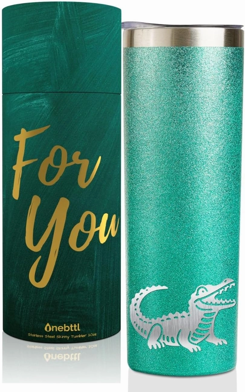 Onebttl Alligator Gifts for Girls & Women, Crocodile Gifts for Alligator Lovers- 20oz/590ml Stainless Steel Insulated Tumbler with Straw & Lid, Message Card - Green