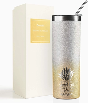 Onebttl Pineapple Glitter Tumbler - Stand Tall Wear a Crown and Always Be Sweet - 20oz/590ml Stainless Steel Insulated Tumbler - Pineapple Gifts for Women and Pineapple Lovers-(Gold-Silver Gradient)