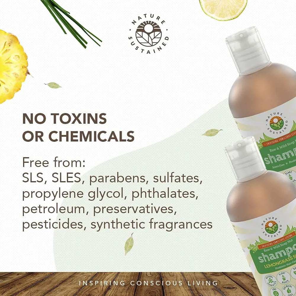 Organic Shampoo - Raw & Wildcrafted with Probiotics, Hypoallergenic Natural & Sulfate Free Shampoo for Sensitive Scalp, Dry Hair, Dandruff, Eczema & Psoriasis, 9oz, Lemongrass