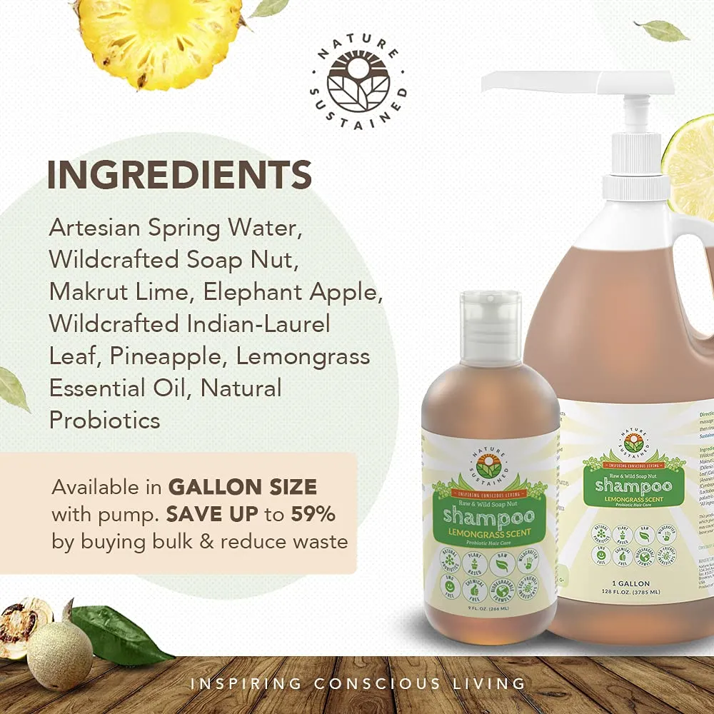 Organic Shampoo - Raw & Wildcrafted with Probiotics, Hypoallergenic Natural & Sulfate Free Shampoo for Sensitive Scalp, Dry Hair, Dandruff, Eczema & Psoriasis, 9oz, Lemongrass