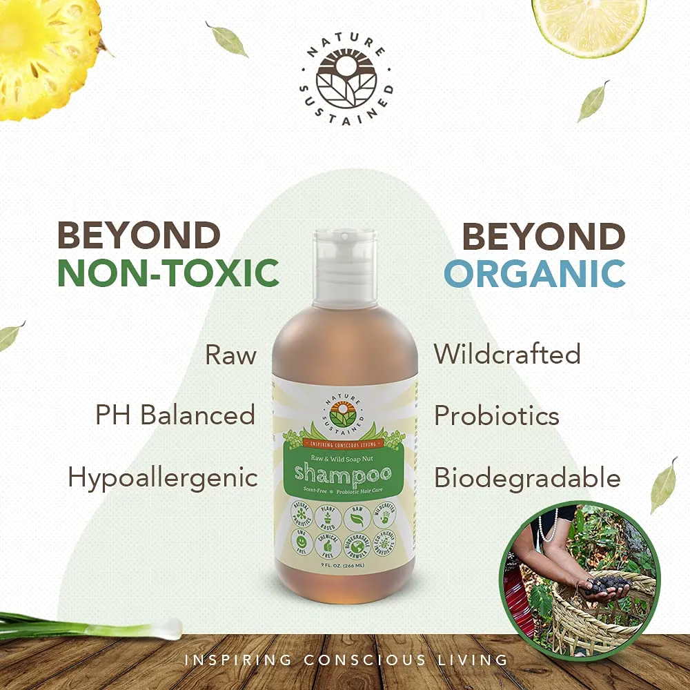 Organic Shampoo - Raw & Wildcrafted with Probiotics, Hypoallergenic Natural & Sulfate Free Shampoo for Sensitive Scalp, Dry Hair, Dandruff, Eczema & Psoriasis, 9oz, Lemongrass