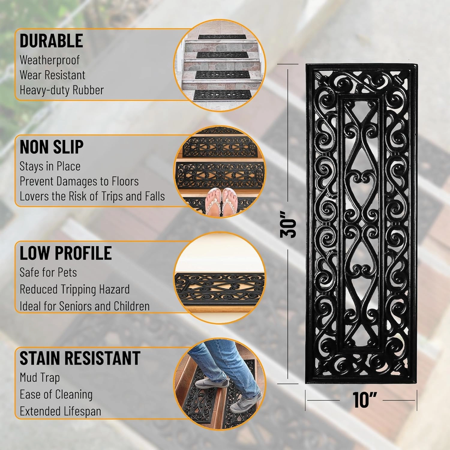 Ottomanson Indoor/Outdoor Hose-Wash Iron Wrought Design Non-Slip Rubber 10" x 30" Modern Stair Treads for Stairs, Garage, Patio, 5 Pack, Black Wrought
