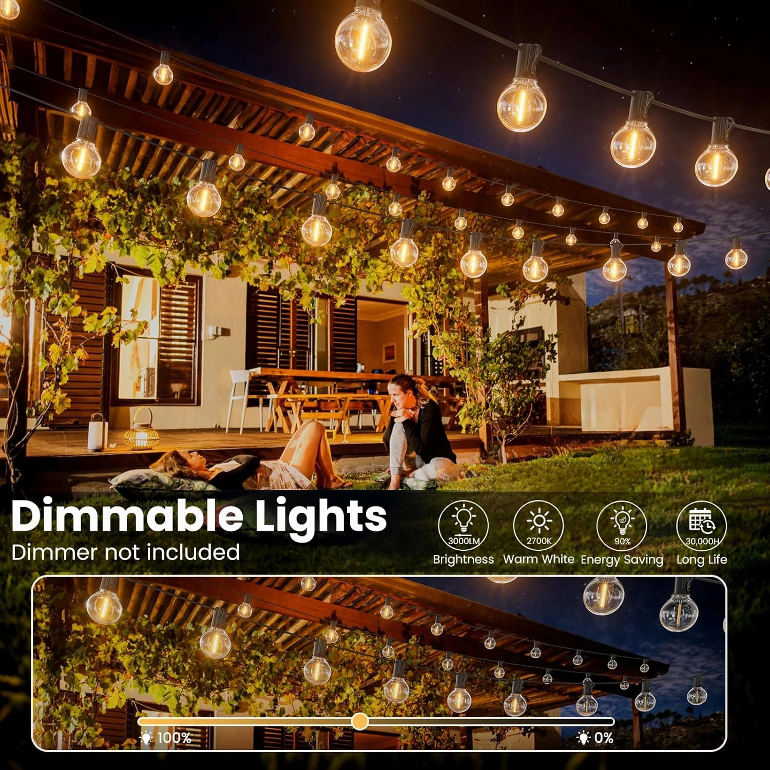 Outdoor String Lights 50ft, G40 Led Patio Globe Lights with 26pcs Plastic Bulbs, Shatterproof Waterproof Connectable Hanging for Porch Cafe Bistro Backyard Gazebo Balcony Deck Party