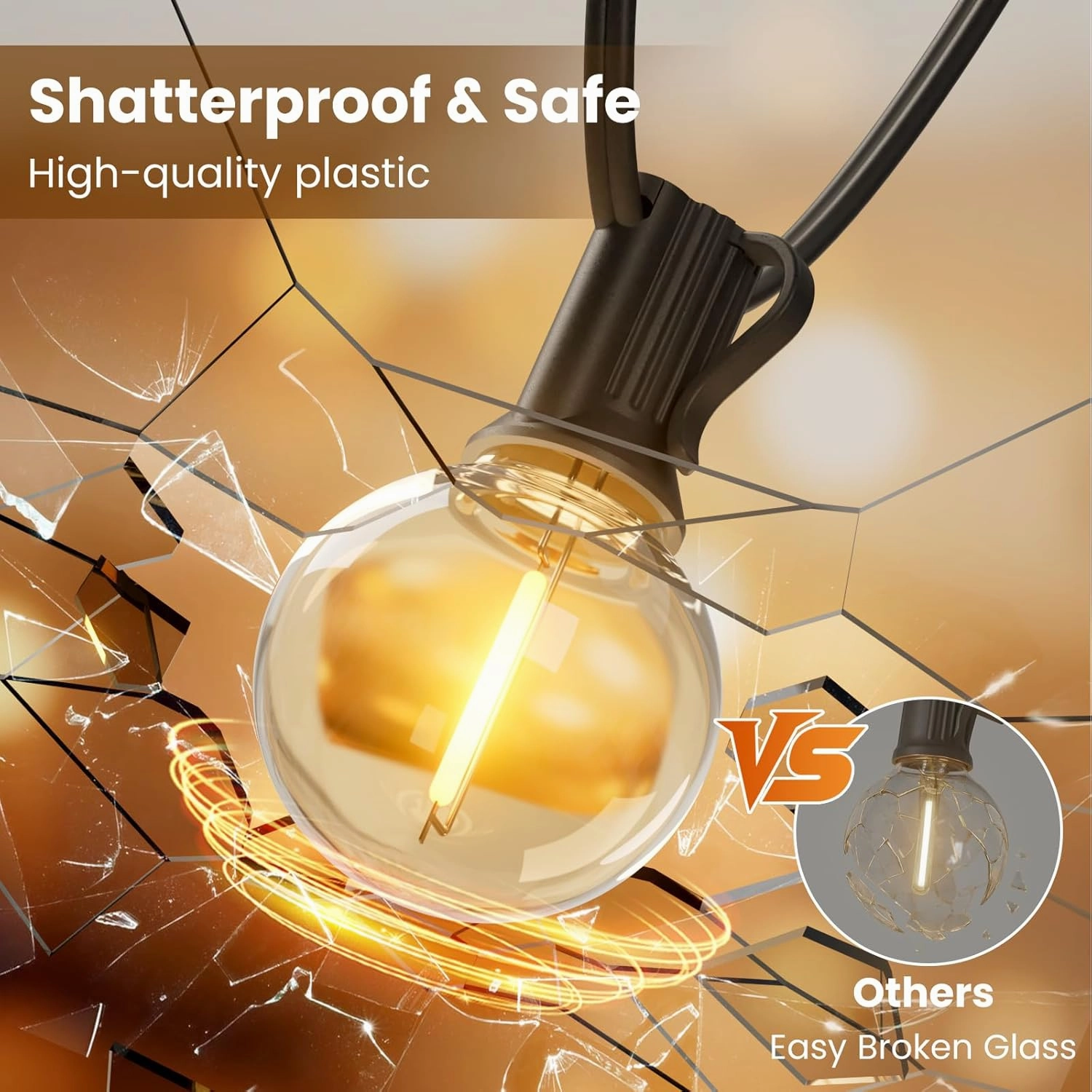 Outdoor String Lights 50ft, G40 Led Patio Globe Lights with 26pcs Plastic Bulbs, Shatterproof Waterproof Connectable Hanging for Porch Cafe Bistro Backyard Gazebo Balcony Deck Party