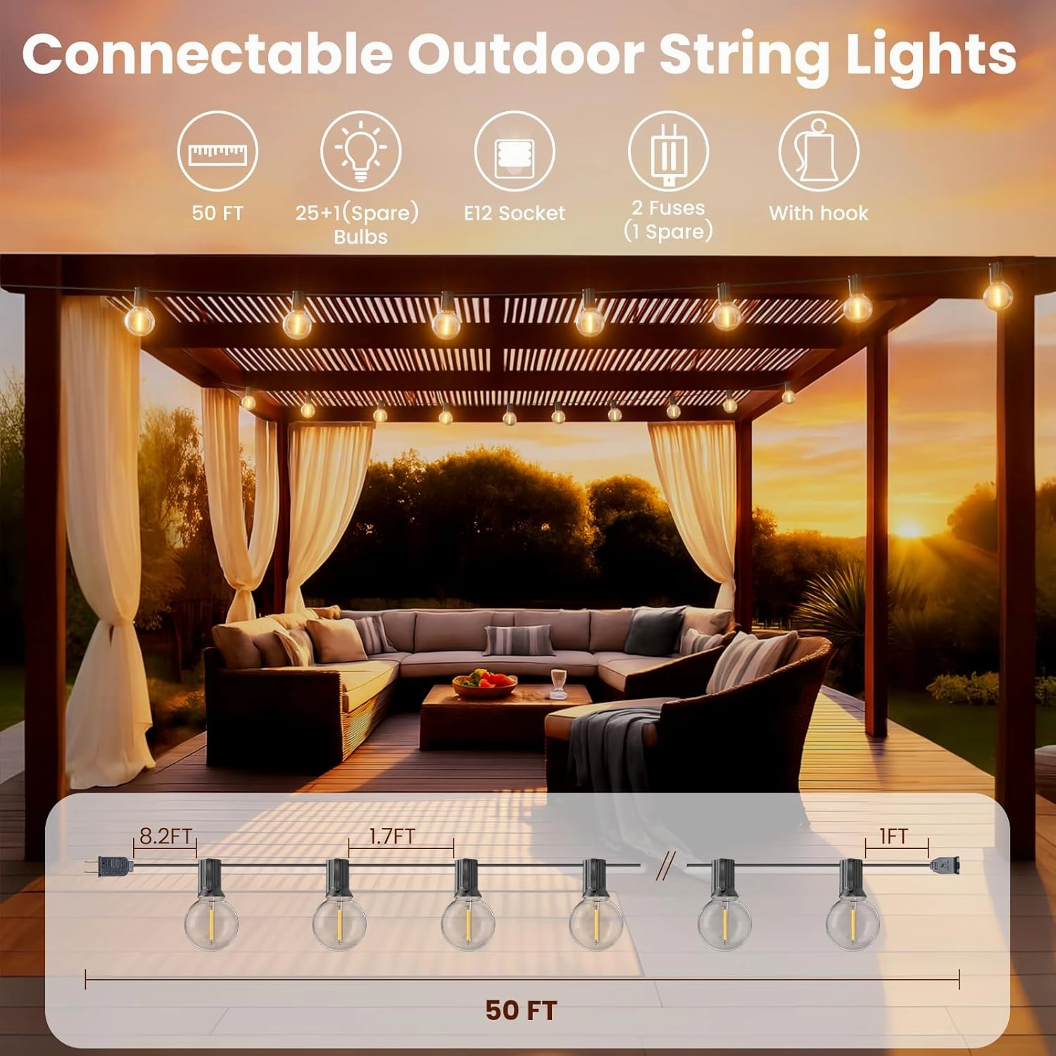 Outdoor String Lights 50ft, G40 Led Patio Globe Lights with 26pcs Plastic Bulbs, Shatterproof Waterproof Connectable Hanging for Porch Cafe Bistro Backyard Gazebo Balcony Deck Party