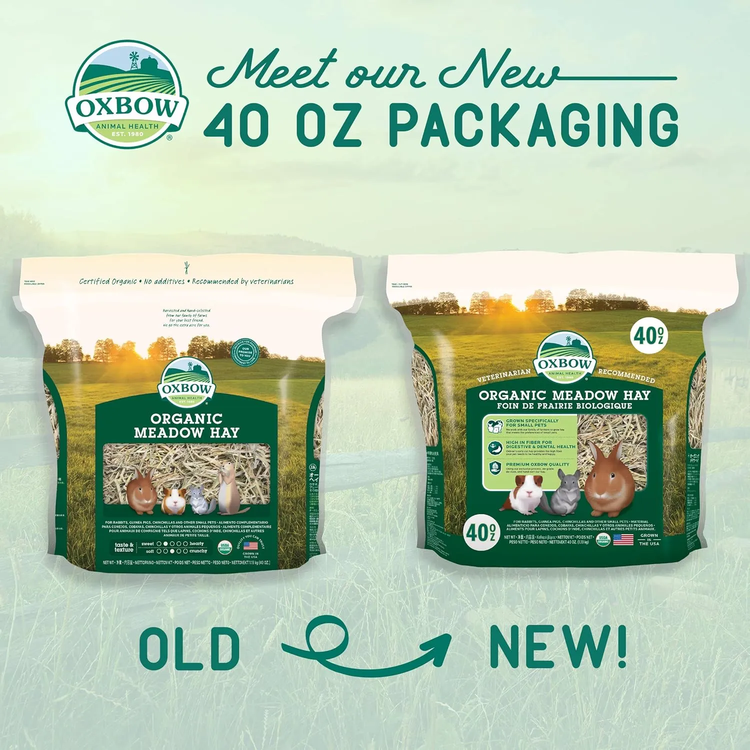 Oxbow Animal Health Organic Meadow Hay, Guinea Pig & Rabbit Hay, Small Pet Bunny Supplies, All Natural Grass for Guinea Pig, Bunny, Chinchilla & Hamster, Rabbit Supplies for Bunnies, 40 oz Bag
