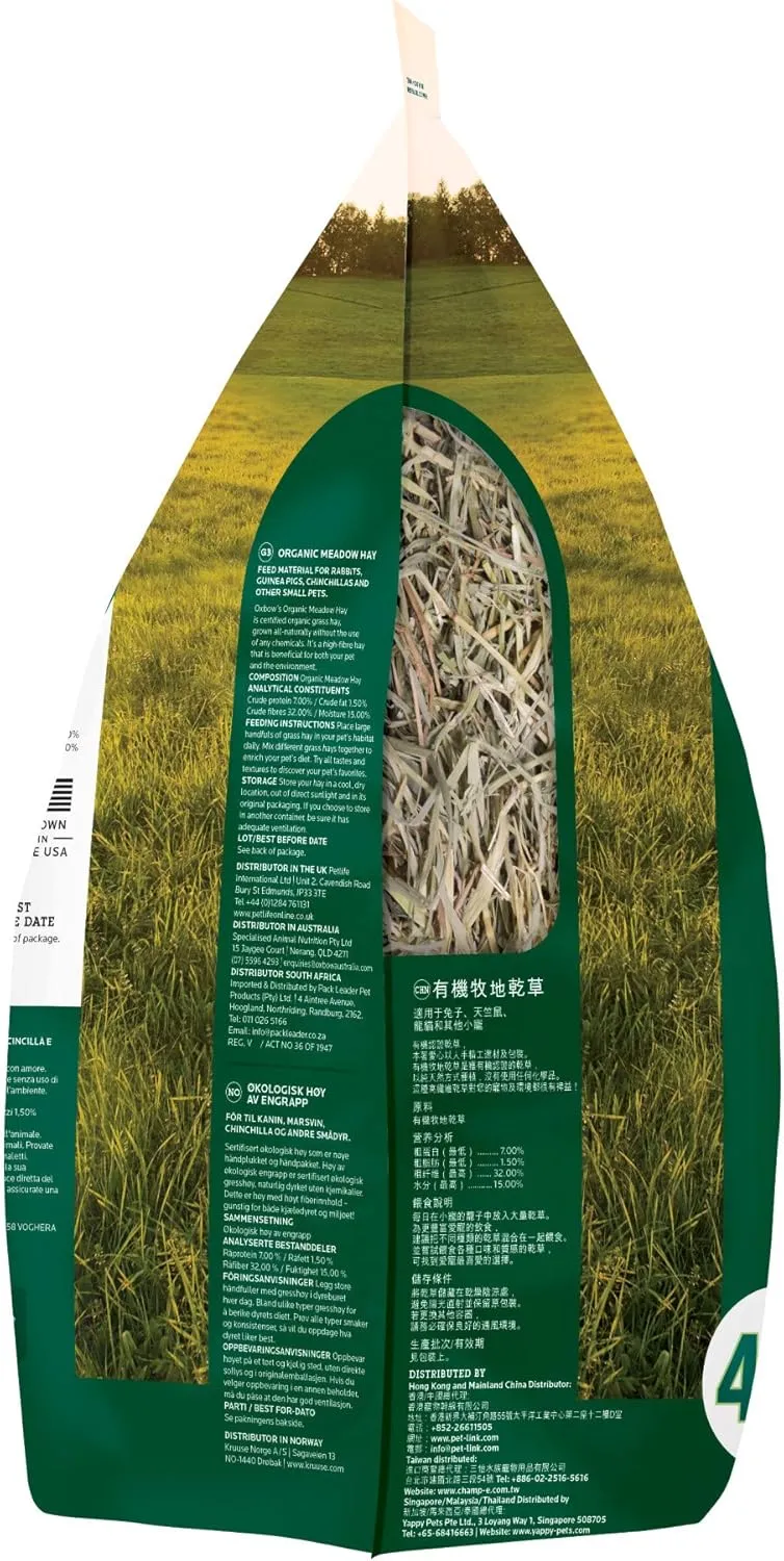 Oxbow Animal Health Organic Meadow Hay, Guinea Pig & Rabbit Hay, Small Pet Bunny Supplies, All Natural Grass for Guinea Pig, Bunny, Chinchilla & Hamster, Rabbit Supplies for Bunnies, 40 oz Bag