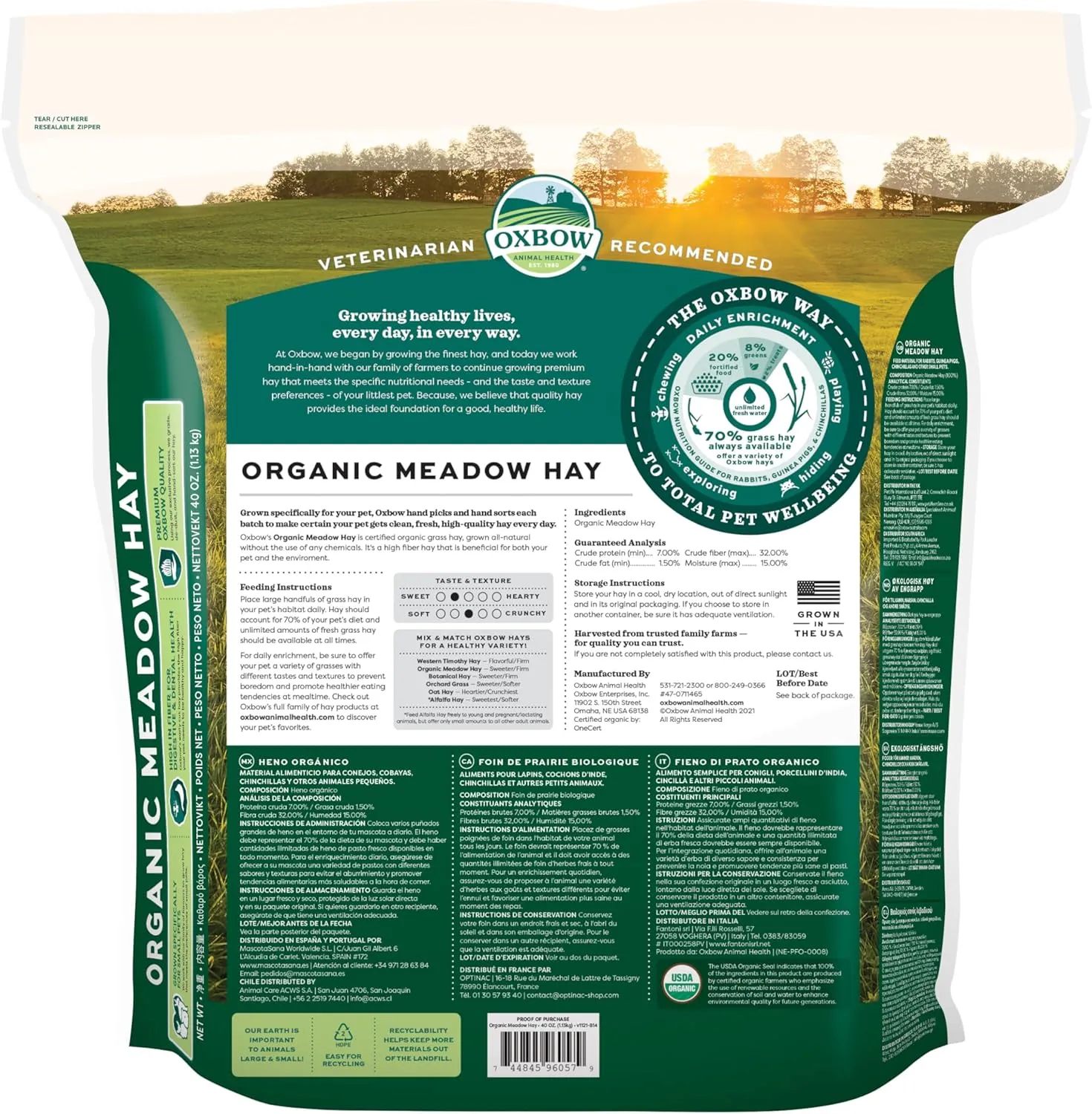 Oxbow Animal Health Organic Meadow Hay, Guinea Pig & Rabbit Hay, Small Pet Bunny Supplies, All Natural Grass for Guinea Pig, Bunny, Chinchilla & Hamster, Rabbit Supplies for Bunnies, 40 oz Bag