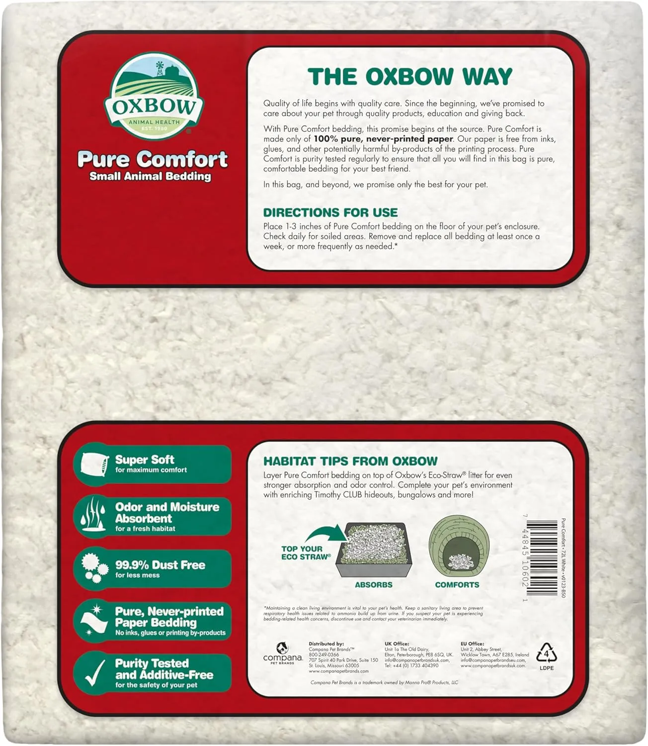 Oxbow Animal Health Pure Comfort Bedding, Rabbit, Hamster, & Guinea Pig Bedding, Bunny Supplies for Litter Box, Pet Safe, 99.9% Dust Free, White Paper, 72 Liter Bag