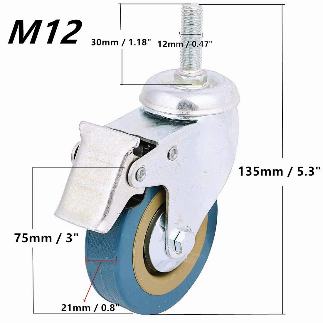 Pack of 4, BoYeeBo Industrial Lockable Threaded Stem Mount Swivel Caster 360°Rotation Non-Marking 3 inch Castor Wheel with Brake for Trolley, Carts, Furniture, Dolly, Workben (M12)