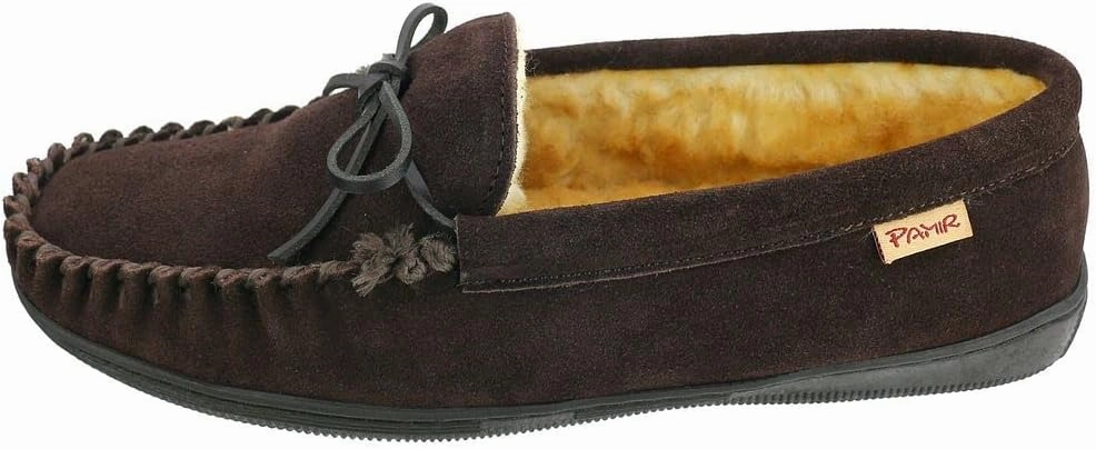 PAMIR Men's Genuine suede Faux Fur Lined Slip on Moccasin Slippers Indoor Outdoor