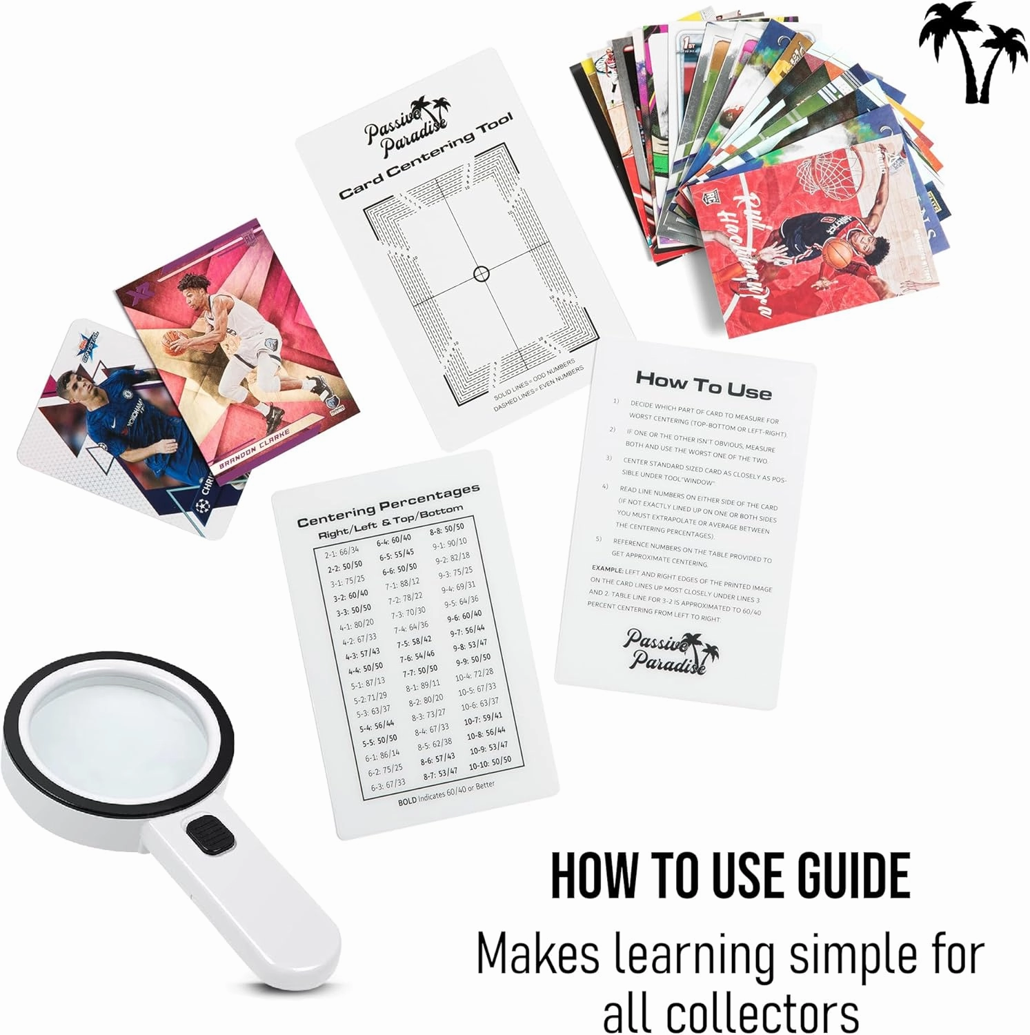 Passive Paradise Card Grading Centering Tool Set - 30x LED Magnifying Tool & Cleaning Cloth Included - Sports Trading Card Submission Pre-Inspection Kit (Centering Tool & LED Magnifying Glass)