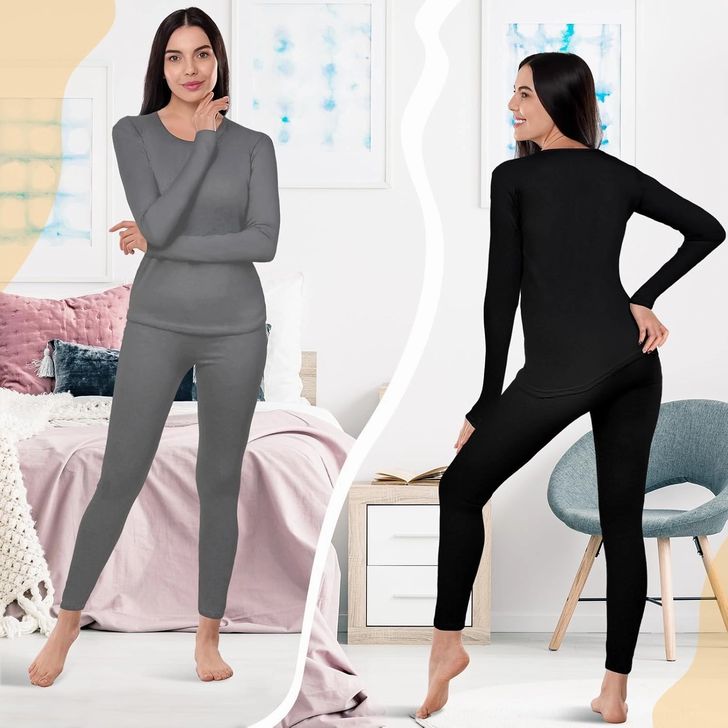 Patelai 2 Set Thermal Underwear Warm Fleece Lined Thermal Leggings and Womens Thermal Tops Base Layer for Winter Cold Weather