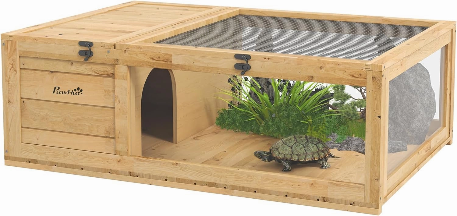 PawHut Wooden Tortoise House Indoor Turtle Habitat Enclosure Outdoor Reptile Cage for Lizards, Geckos, Yellow