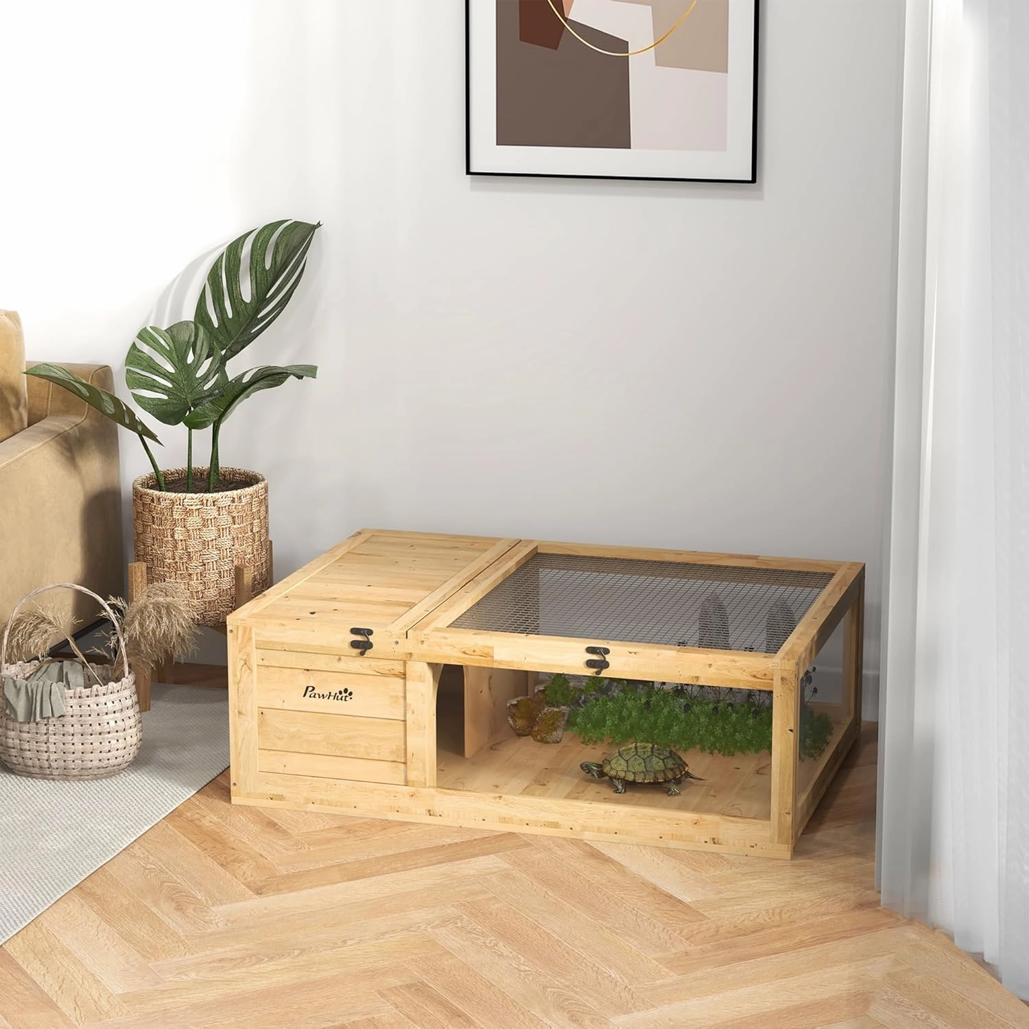 PawHut Wooden Tortoise House Indoor Turtle Habitat Enclosure Outdoor Reptile Cage for Lizards, Geckos, Yellow