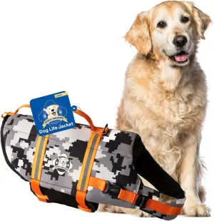 Paws Aboard Dog Life Jacket - Keep Your Canine Safe with a Neoprene Life Vest for Swimming and Boating - Available in Different Sizes, Color and Design to Choose - Grey Camo/Orange, Large