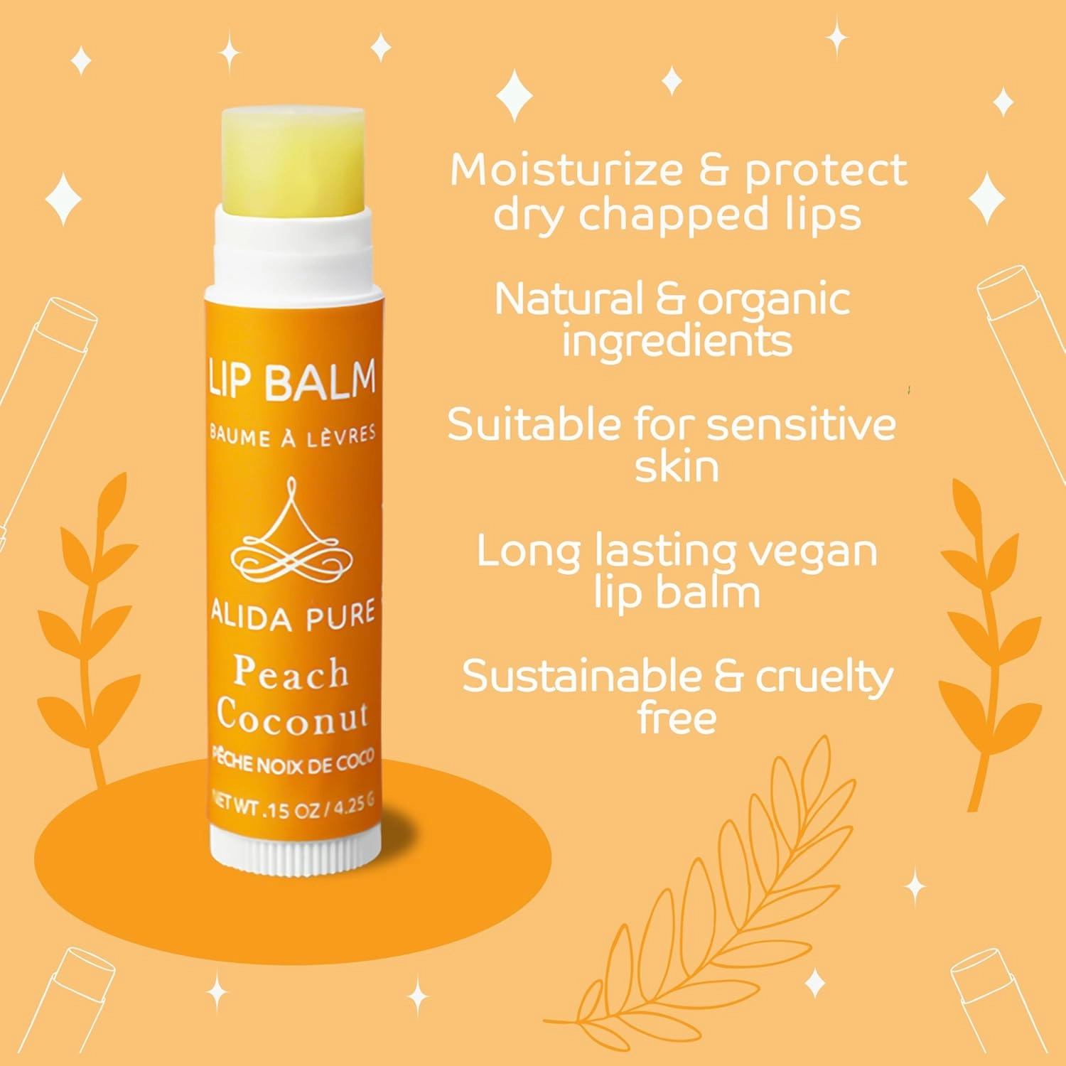 Peach Coconut Lip Balm Collection, Vegan Set, Lip Balm, Beeswax Free, with Avocado And, Organic Jojoba Oil, and Vitamin E, Natural Moisturizer for Dry, Chapped Lips, 3 Tube Set